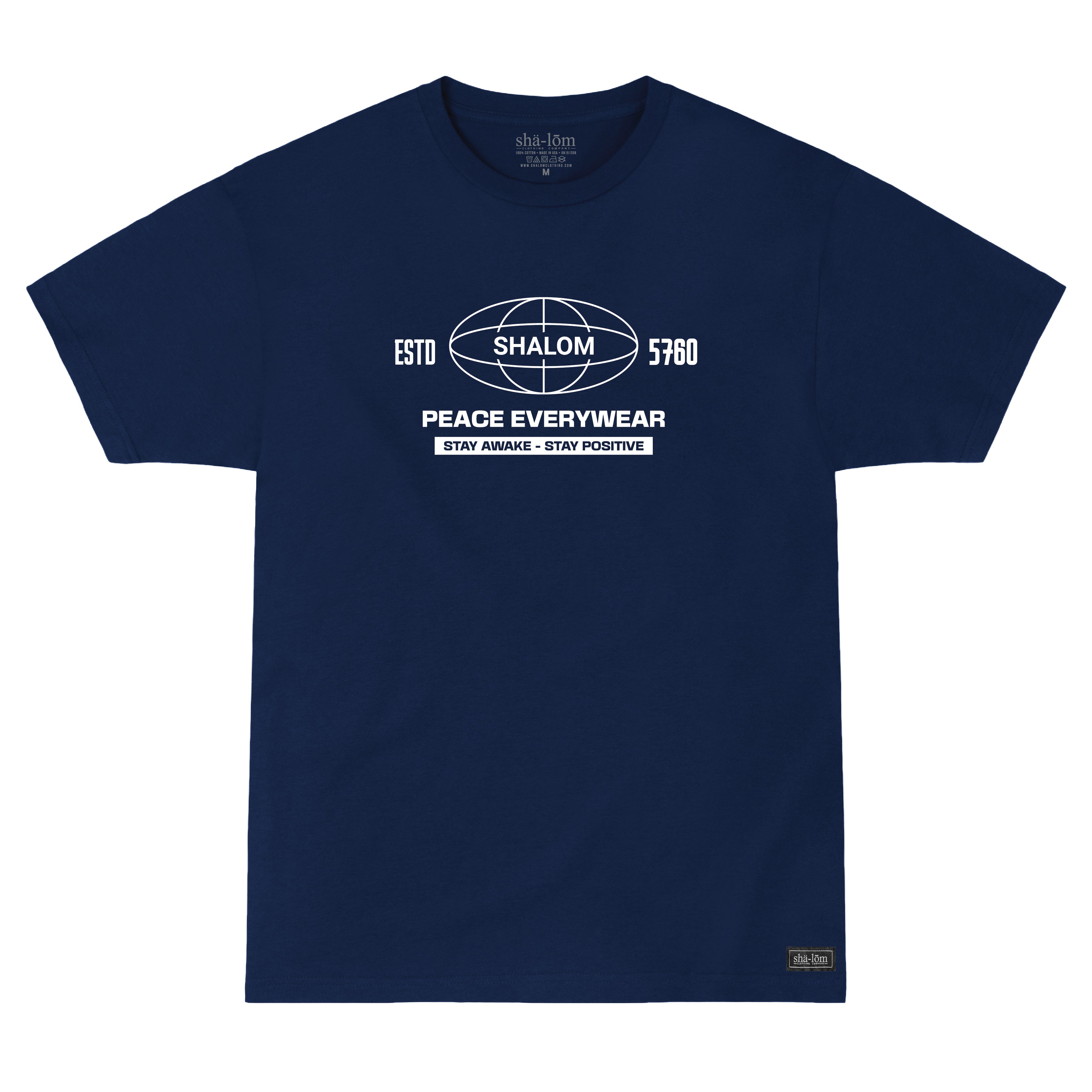 A navy blue short-sleeve t-shirt with a white graphic print on the chest featuring a globe design and the text 'ESTD SHALOM 5760 PEACE EVERYWEAR'.