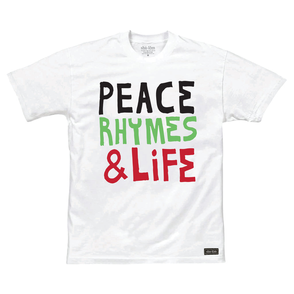 Celebrate the legacy of one of hip-hop's most influential groups with our exclusive "Peace Rhymes &amp; Life" t-shirt. Inspired by A Tribe Called Quest's iconic album "Beats Rhymes &amp; Life," this design flips the script, blending the spirit of unity, lyrical mastery, and the essence of life. The bold graphic features the words "Peace Rhymes &amp; Life" in a style that pays homage to the group's classic aesthetic, making it a must-have for true fans. 