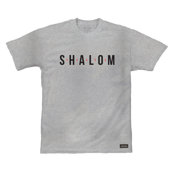 100% Ringspun Cotton Tee with Shalom - Peace. Hand screen printed in Santa Cruz CA with eco friendly water base inks. Custom shalom definition neck tag and shalom definition woven label sewn on the bottom left corner. Wear this garment in peace. Shalom Peace Every-Wear.
