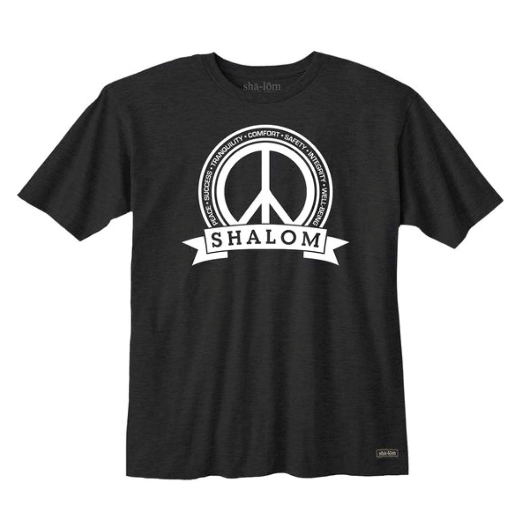 Peace, Success, Tranqulity, Comfort, Safety, Integrity, and Well-Being are the 7 elements of Shalom. Printed here in a peace sign with Shalom under it. 100% Cotton Tee with print on the front. Hand screen printed in Santa Cruz CA with eco friendly water base inks. Custom shalom definition neck tag and shalom definition woven label sewn on the bottom left corner. Wear this garment in peace. Shalom Peace Every-Wear. 