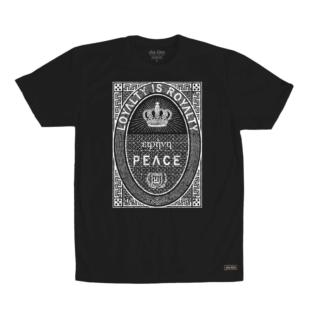 One of our most popular styles, what more can be said…Loyalty is Royalty. This shirt says PEACE in Greek above the word PEACE. It’s printed in eco friendly water base ink on 100% Ringspun  Cotton designed and printed in Santa Cruz California. Custom shalom definition neck tag and shalom definition woven label sewn on the bottom left corner. Wear this garment in peace. Shalom Peace Every-Wear. 