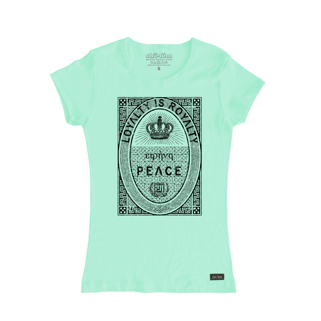 One of our most popular styles, what more can be said…Loyalty is Royalty. This shirt says PEACE in Greek above the word PEACE. It’s printed in eco friendly water base ink on 100% Cotton designed and printed in Santa Cruz California. Custom shalom definition neck tag and shalom definition woven label sewn on the bottom left corner. Wear this garment in peace. Shalom Peace Every-Wear. 