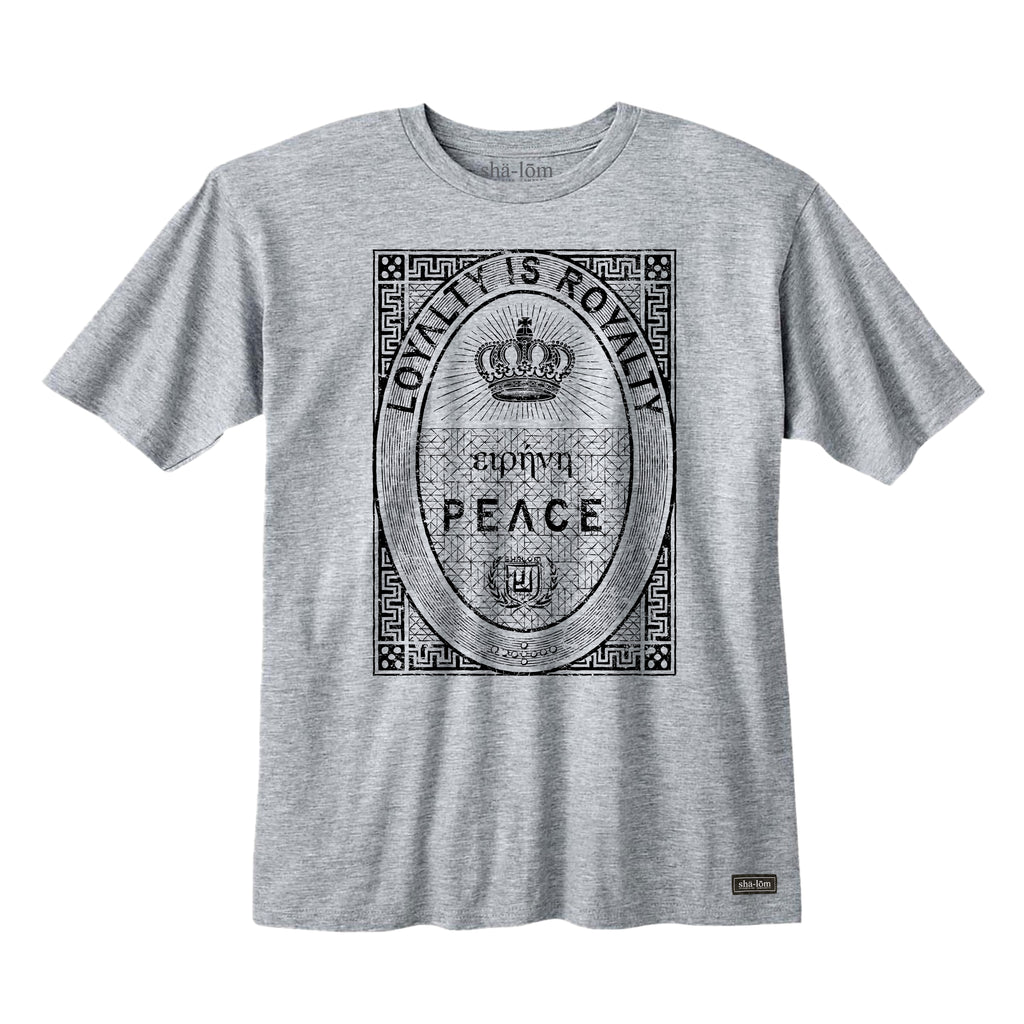 One of our most popular styles, what more can be said…Loyalty is Royalty. This shirt says PEACE in Greek above the word PEACE. It’s printed in water base ink on 100% Cotton designed and printed in California.