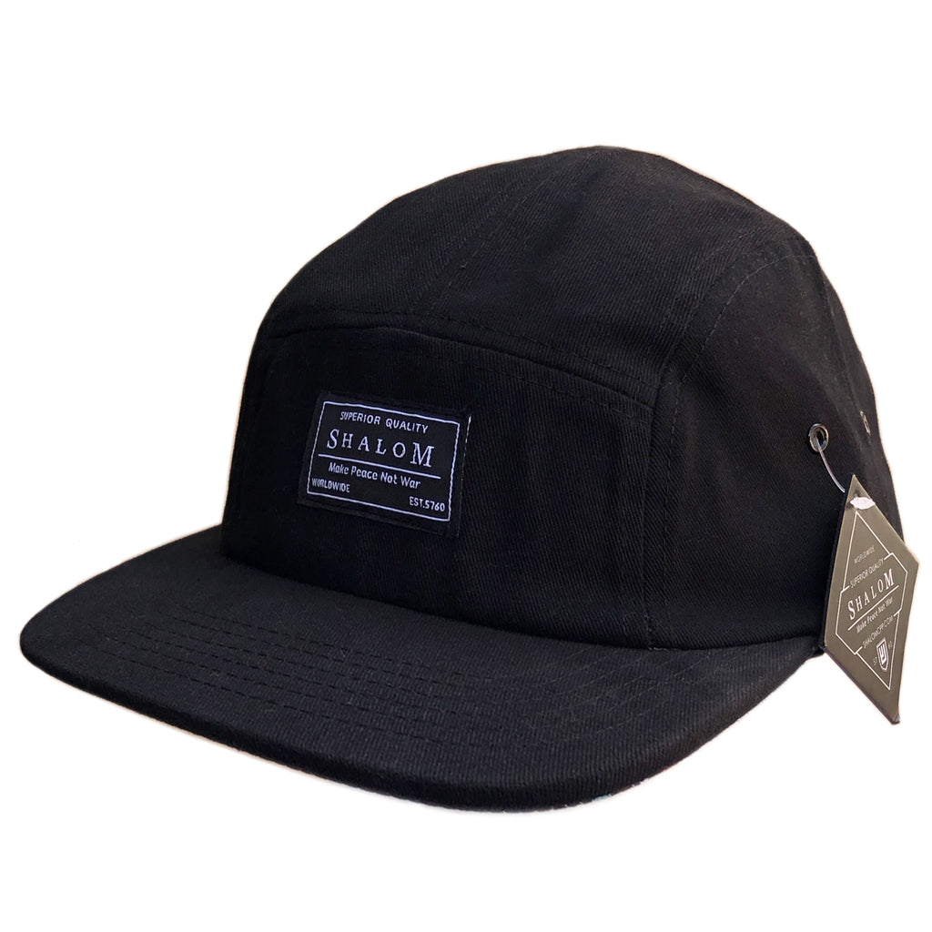 Description: 100% Cotton 5 panel hat with our shalom superior quality label on the front - With an adjustable strapback closure for a custom fit, the cap is complete with a SHALOM woven label at back.