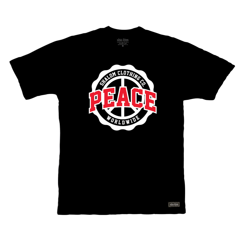 Our Peace Academy shirt is a classic spin on college letters with that alumni feel. 100% Cotton Hand screen printed in Santa Cruz CA with eco friendly water base inks. Custom shalom definition neck tag and shalom definition woven label sewn on the bottom left corner. Wear this garment in peace. Shalom Peace Every-Wear. 