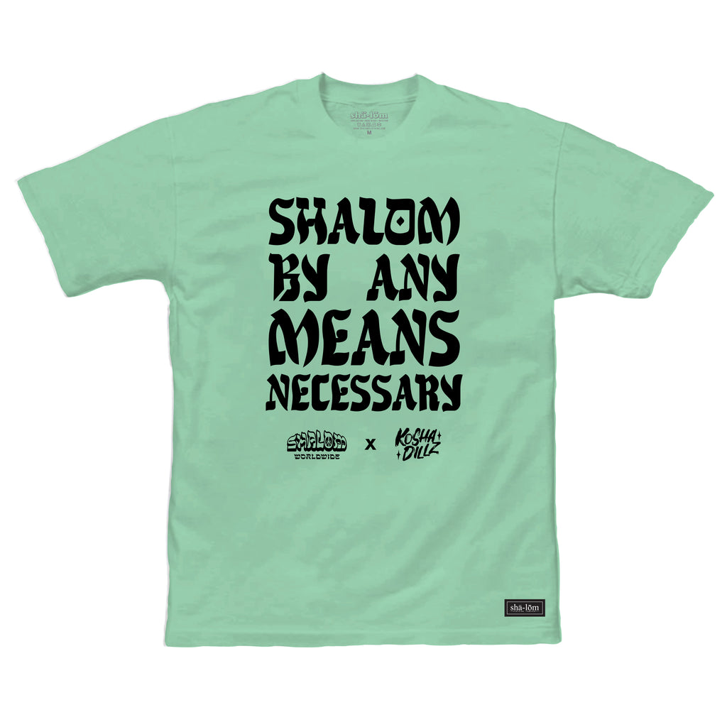 This is our newest collabo tee with Shalom Tribesmen and Rapper Kosha Dillz - billboard charting hip hop artist who's created songs with everyone from Matisyahu and Kaskade to Rza of Wu Tang Clan. He's become a viral sensation performing on the streets of NYC during the pandemic. 100% Cotton Tee with SHALOM BY ANY MEANS NECESSARY on the front. 