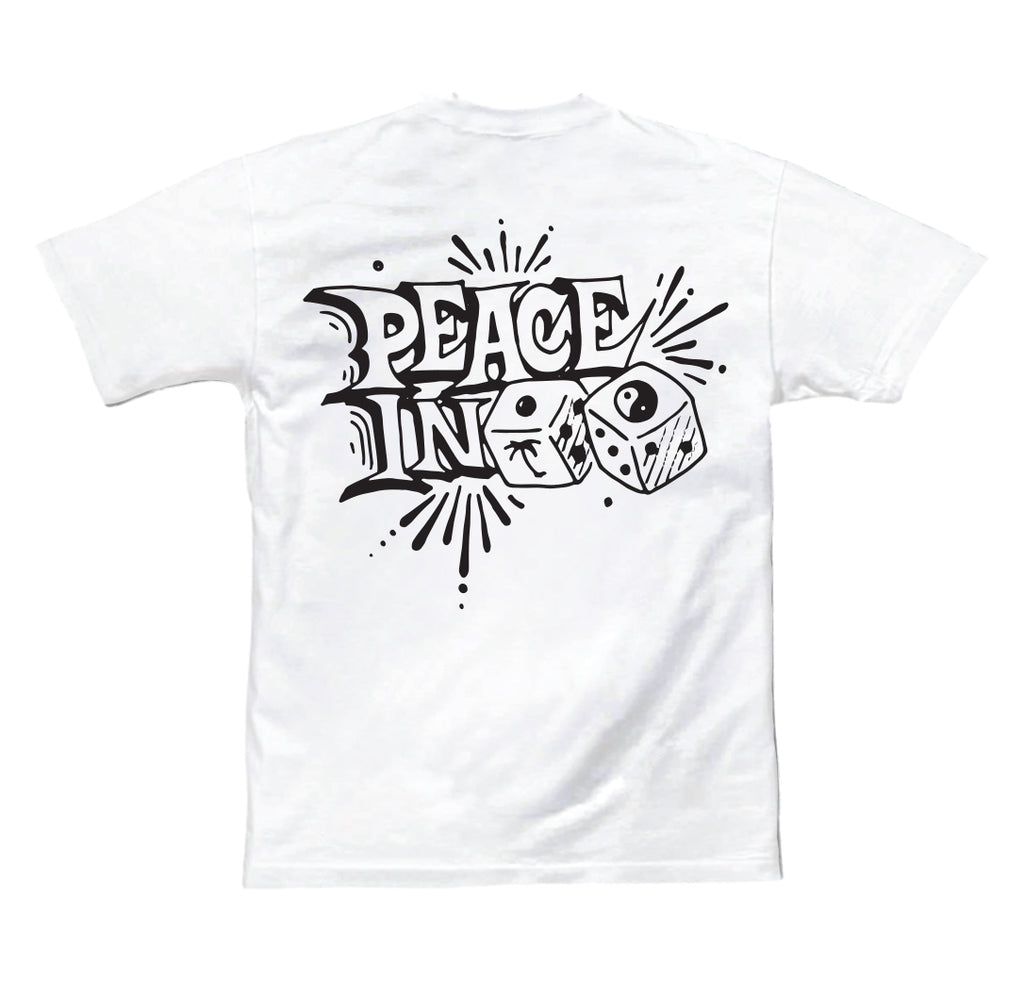 100% Cotton Tee with our Peace In Paradice design. Hand drawn by CLOWN of the TITS crew. Hand screen printed in Santa Cruz CA with eco friendly water base inks. Custom shalom definition neck tag and shalom definition woven label sewn on the bottom left corner. Wear this garment in peace. Shalom Peace Every-Wear. 